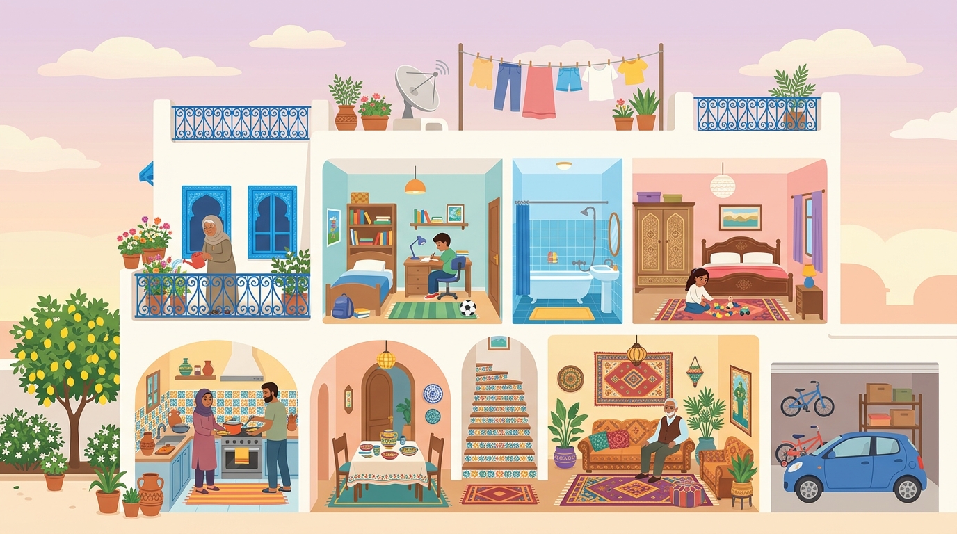 Une maison tunisienne en coupe : chambres, salle de bains, balcon, cuisine, salle à manger, salon et garage